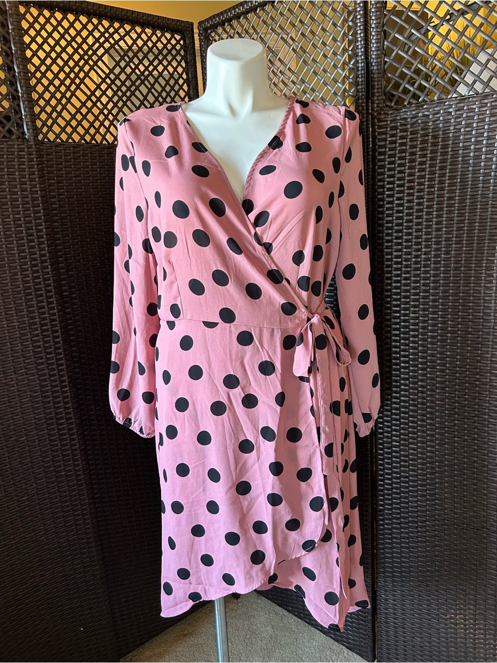 Women's Pink Polka Dot Wrap Midi Dress with Tie Waist Size 2X